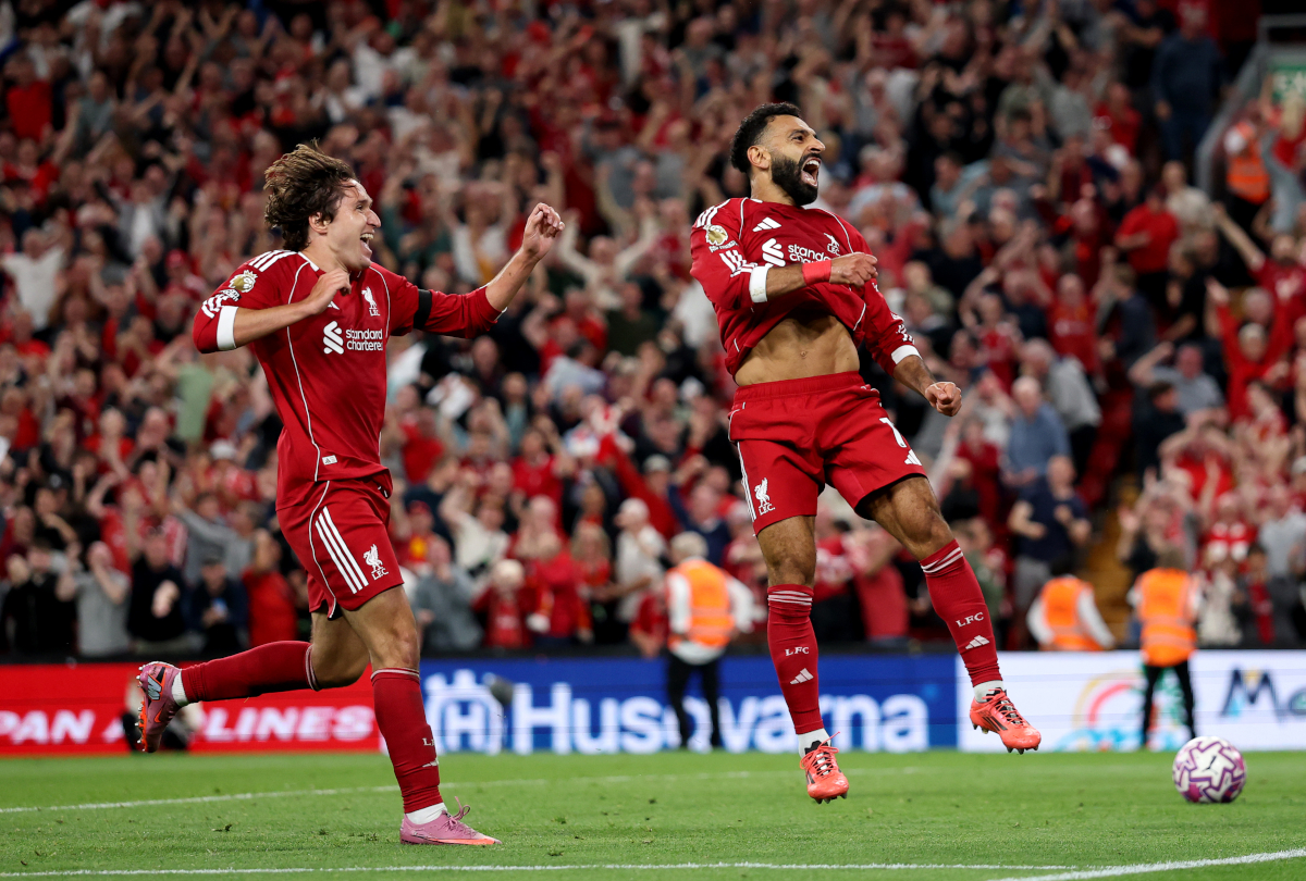 LIVERPOOL, ENGLAND - AUGUST 15: Mohamed Salah of Liverpool celebrates scoring his team