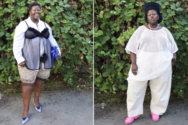 a collage of Lydia Okello wearing layered shirts and layers in their yard