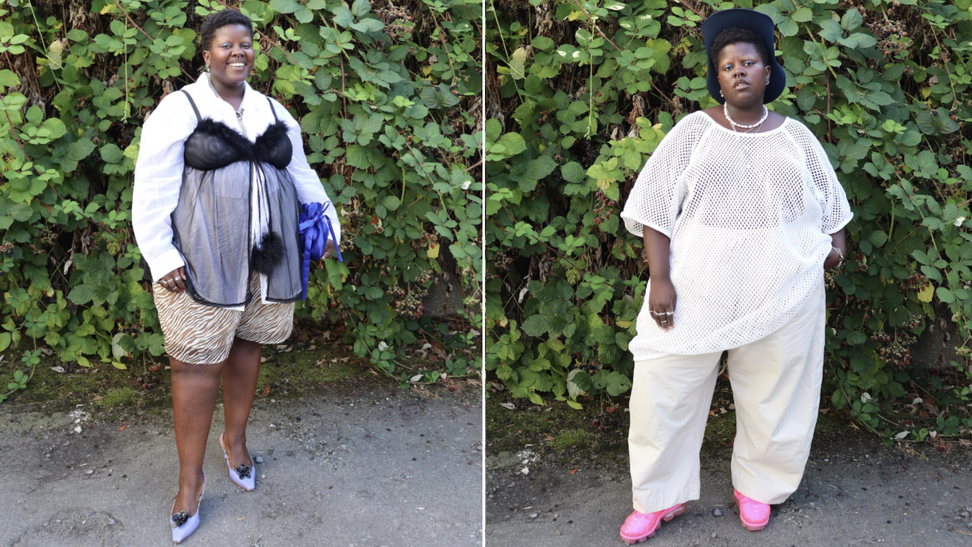 a collage of Lydia Okello wearing layered shirts and layers in their yard