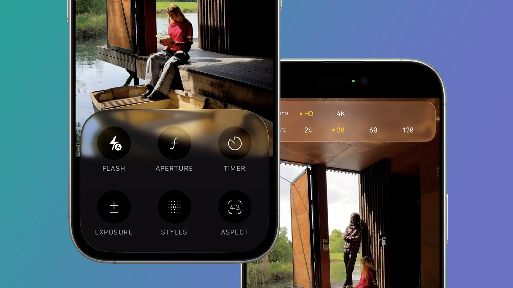 Two iPhones on a green and blue background showing the iOS 26 Camera app