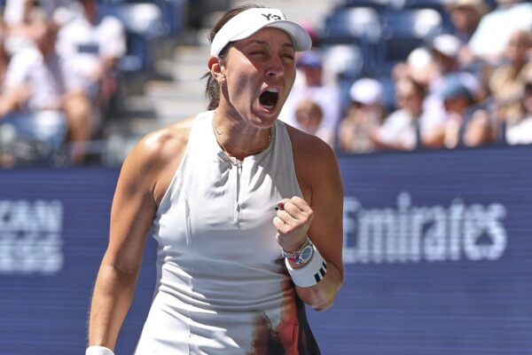 Jessica Pegula, of the United States, reacts after defeating Ann Li, of the United States, during the fourth round of the U.S. Open tennis championships, Sunday, Aug. 31, 2025, in New York. (AP Photo/Heather Khalifa)