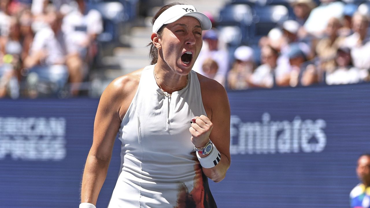 Jessica Pegula, of the United States, reacts after defeating Ann Li, of the United States, during the fourth round of the U.S. Open tennis championships, Sunday, Aug. 31, 2025, in New York. (AP Photo/Heather Khalifa)