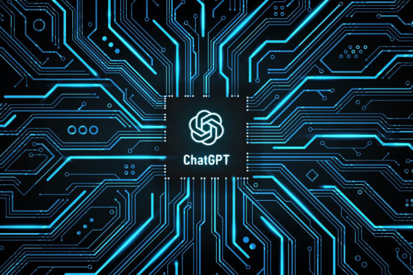 An OpenAI logo over some circuits.