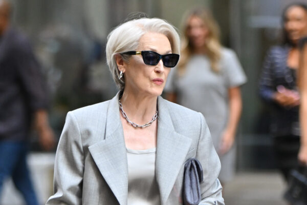 Meryl Streep filming Devil Wears Prada 2 wearing a grey blazer and top