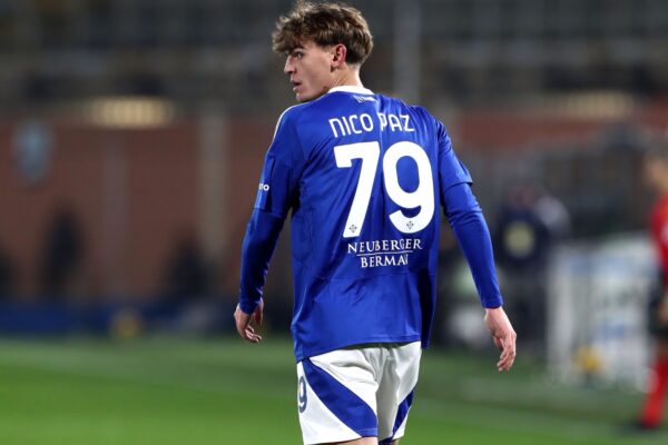 Nico Paz of Como 1907 looks o during the Serie A match between Como 1907 and Juventus at Stadio G. Sinigaglia on February 07, 2025 in Como, Italy.
