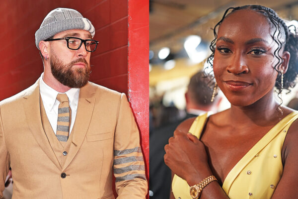 Left: Travis Kelce of the Chiefs came to the AFC Championship Game against the Buffalo Bills at Arrowhead Stadium in January decked out in Thom Browne. Right: Coco Gauff wore a Rolex to this year’s Oscars.