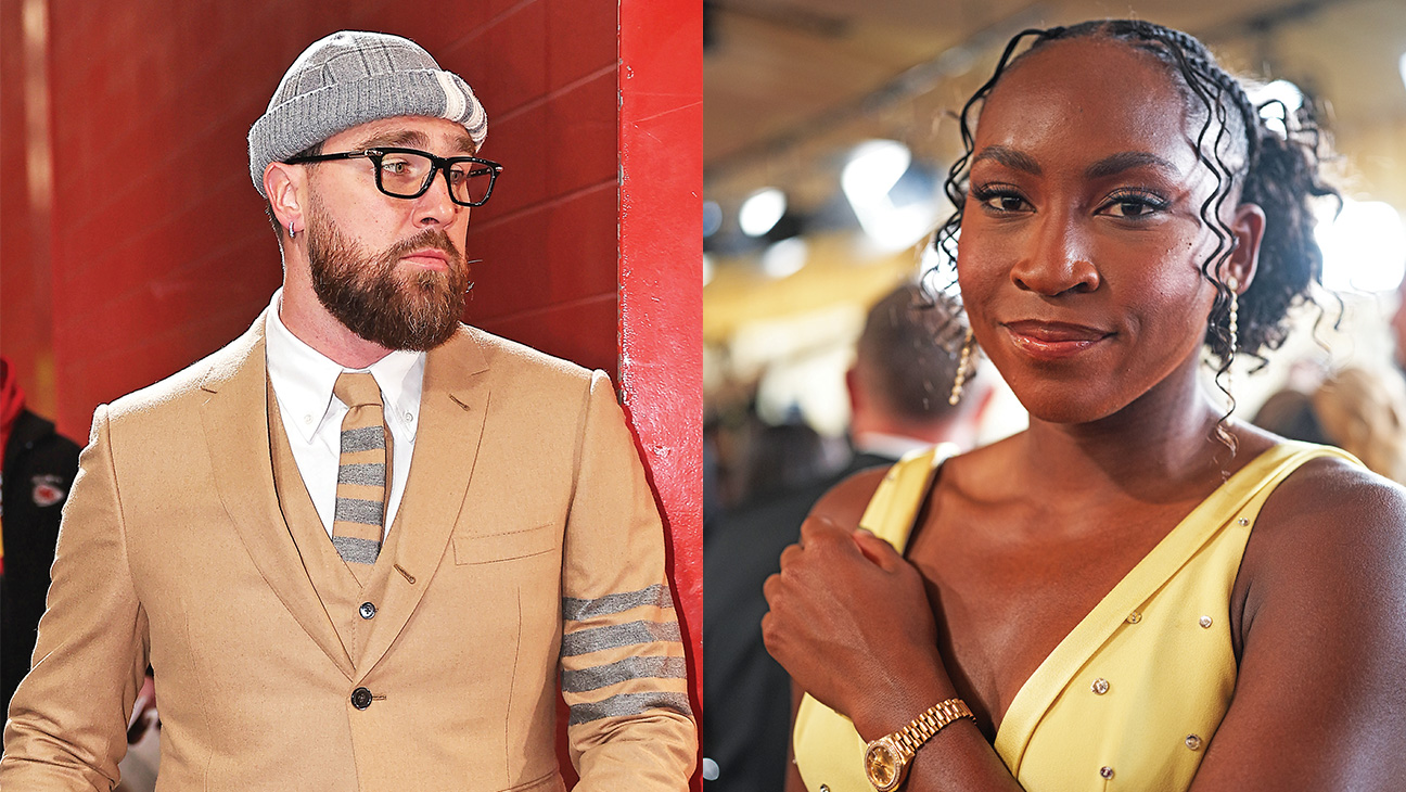 Left: Travis Kelce of the Chiefs came to the AFC Championship Game against the Buffalo Bills at Arrowhead Stadium in January decked out in Thom Browne. Right: Coco Gauff wore a Rolex to this year’s Oscars.