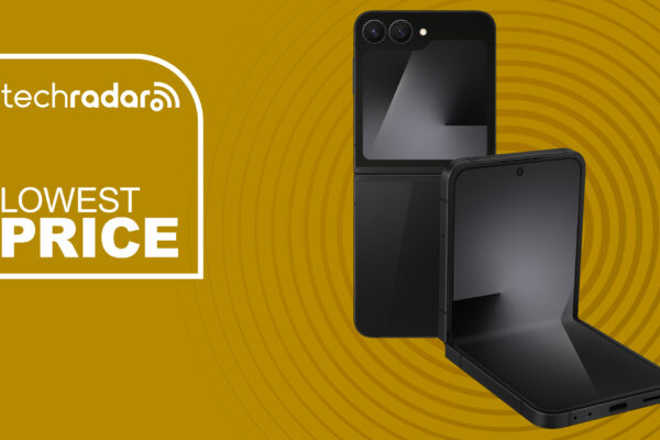 Samsung Galaxy Z Flip 7 FE on a yellow background. Text reads: Lowest price