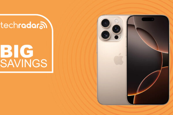 Apple iPhone 16 on orange background with big savings text overlay