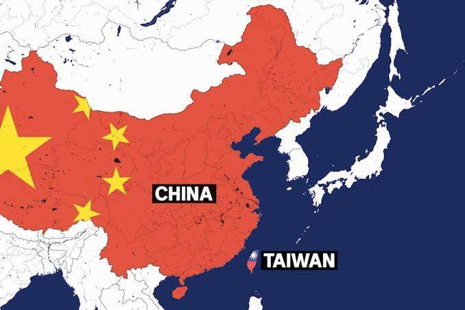 Map highlighting China and Taiwan in red, with prominent labels for both regions.