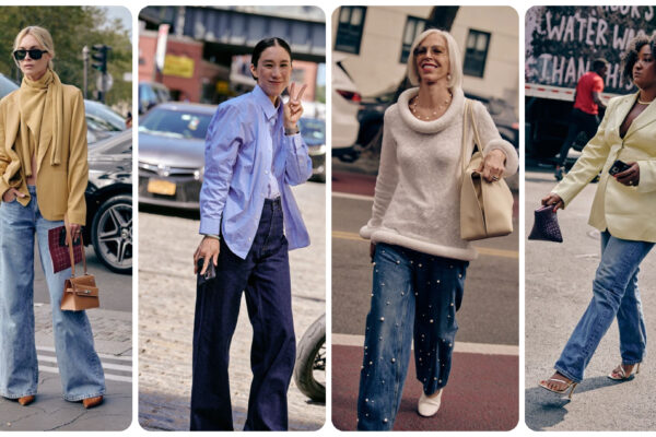 a collage of woman at New York Fashion Week wearing fall 2025 denim trends