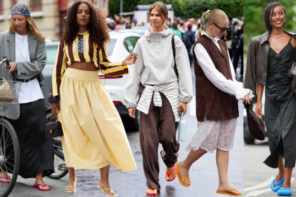 women at Copenhagen Fashion Week wearing brightly colored flip flops with neutral outfits