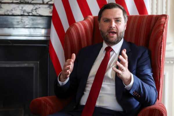 U.S. Vice President JD Vance speaks during a meeting with Britain's Foreign Secretary David Lammy at Chevening House in Kent, England, Friday, Aug. 8, 2025. (Suzanne Plunkett/Pool via AP)