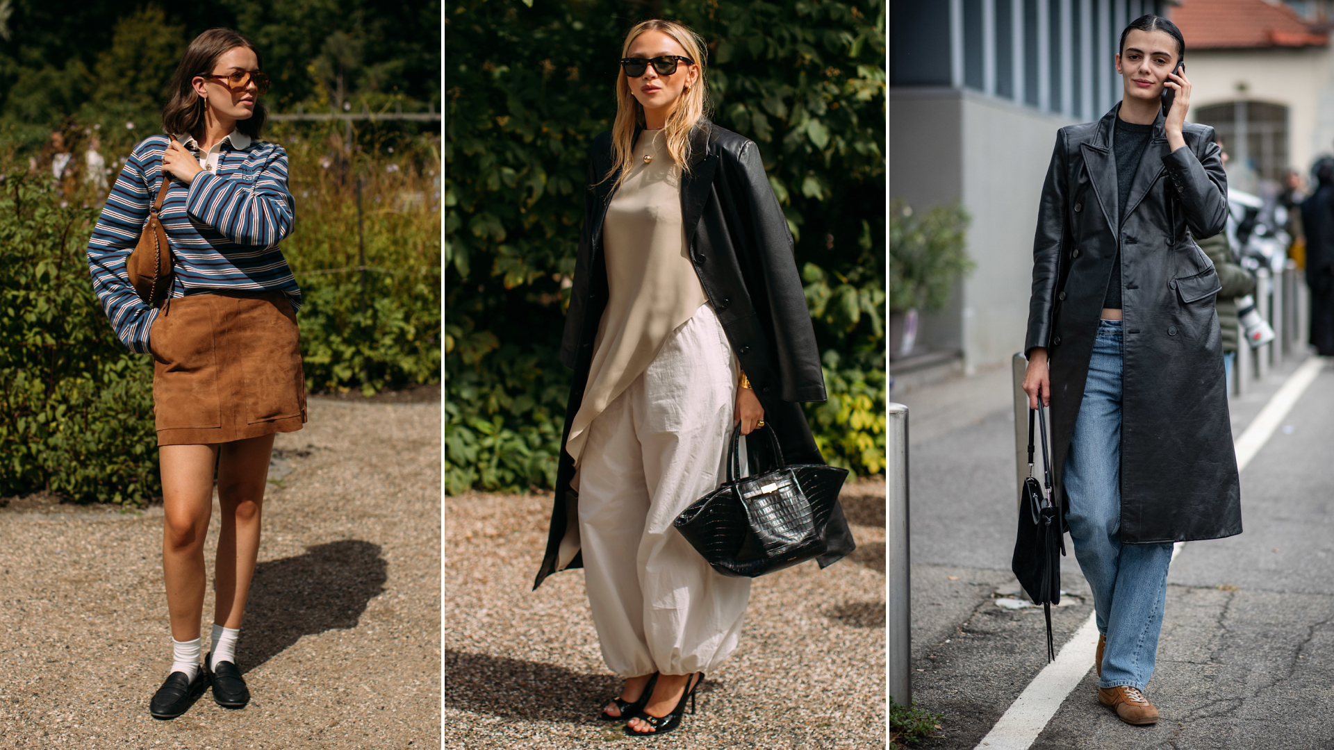 split image of fashion week attendees wearing fall shoes