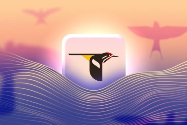 The Merlin Bird ID logo surrounded by purple waves and pink bird shadows in the background.