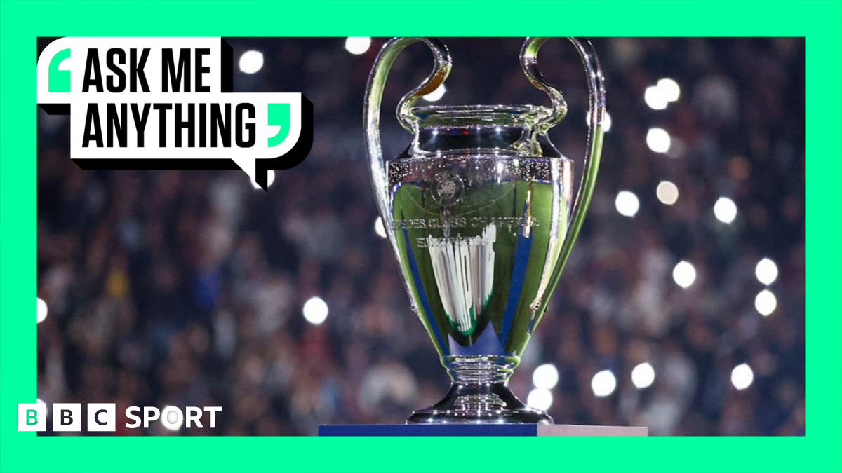 General view of the Champions League trophy with green Ask Me Anything graphic banner surround