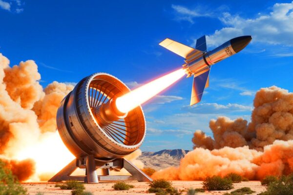 Illustration of SpinLaunch's centrifugal cannon technology for satellite deployment.