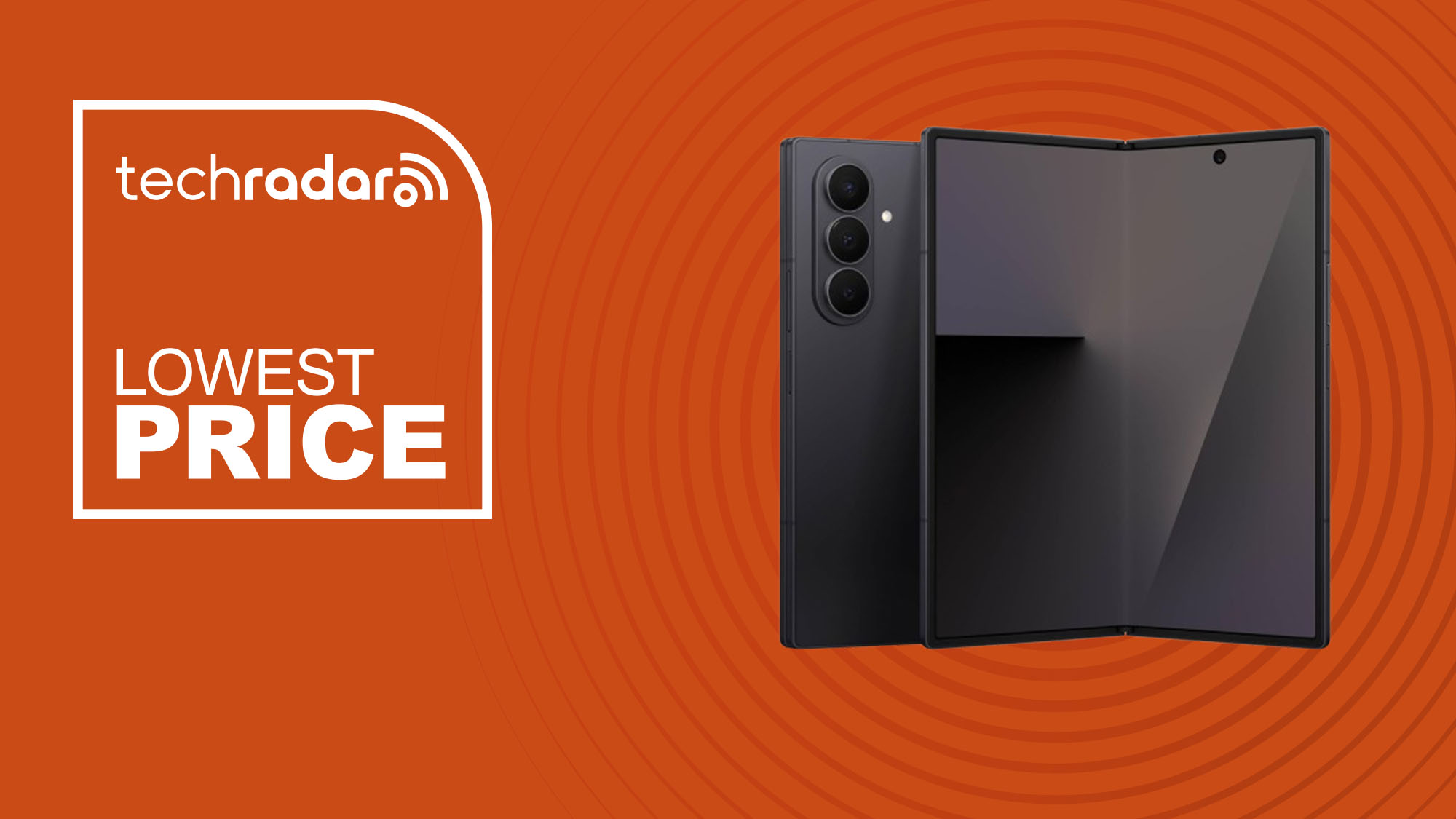 The Samsung Galaxy Z Fold 7 on an orange background with text saying Lowest Price.