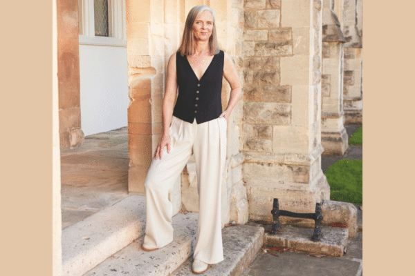 Fashion columnist Alyson Walsh wears a black tailored waistcoat and sandy coloured trousers