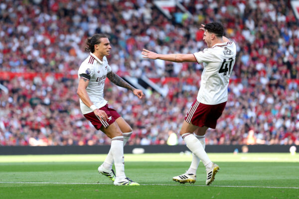 MANCHESTER, ENGLAND - AUGUST 17: Riccardo Calafiori of Arsenal celebrates scoring his team