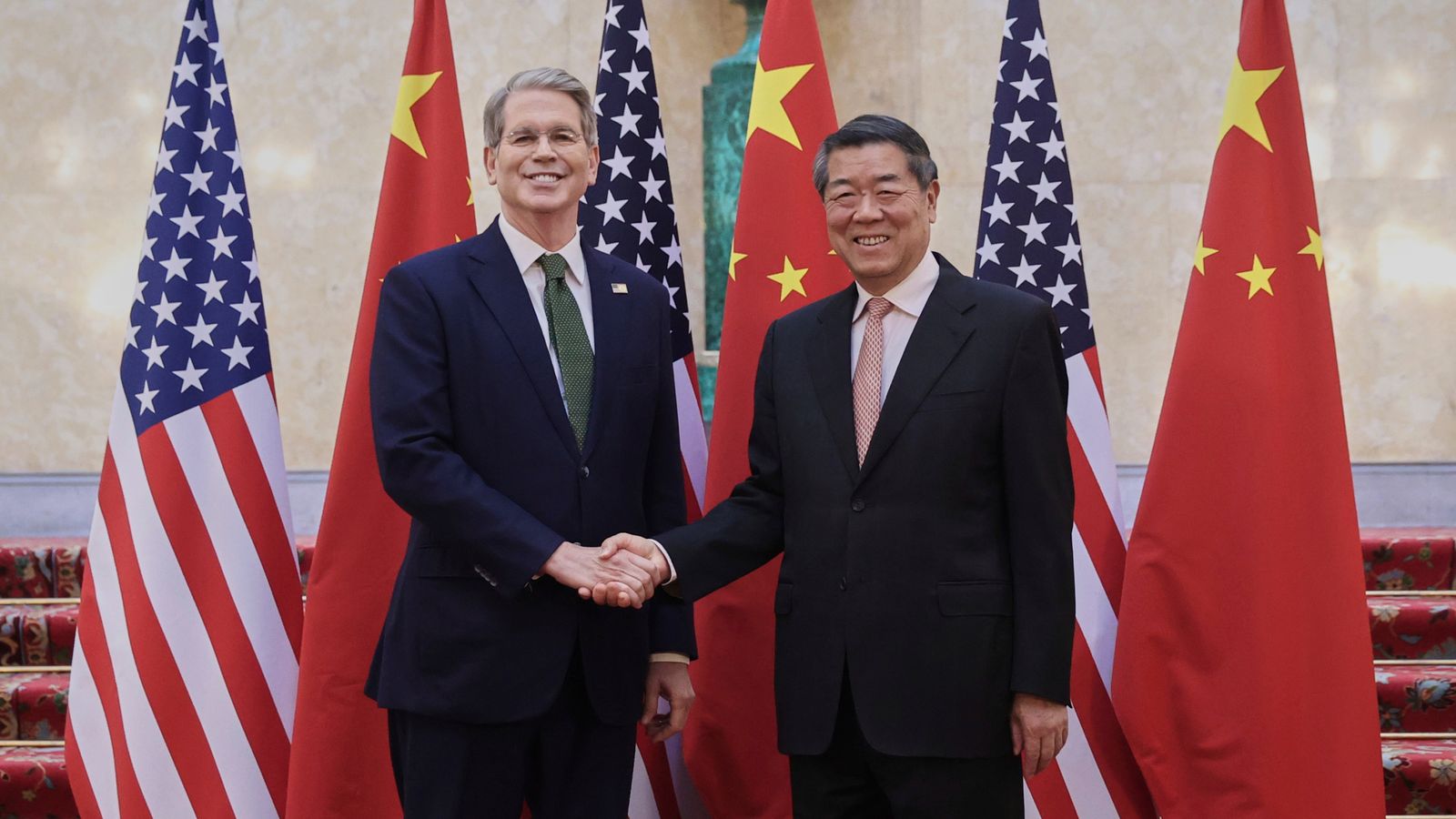 Chinese vice premier He Lifeng (R) with US Treasury secretary Scott Bessent in London. Pic: AP