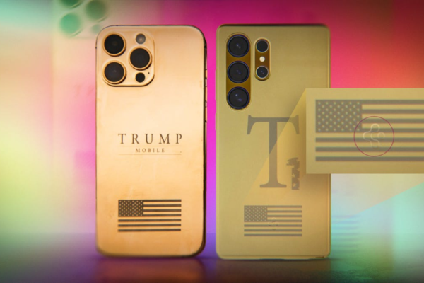 Two versions of the Trump Mobile T1 phone, and a closeup of the Spigen logo on one of them.