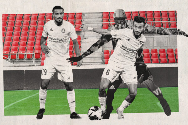 Photo collage of Al-Ahly Tripoli footballers playing in front of an empty stadium, tinted in the colours of the flag of Libya.