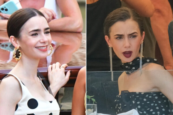 Lily Collins films Emily in Paris wearing a white and black polka dot dress
