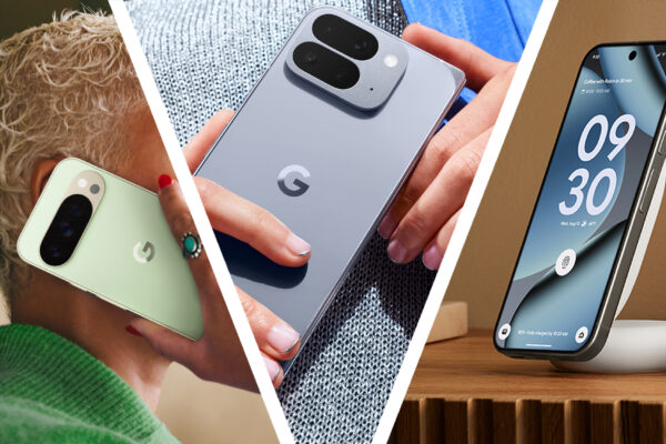 A woman holding a Pixel 10 Pro to her ear, next to ands holding a Google Pixel 10 phone, and another Pixel phone on a stand