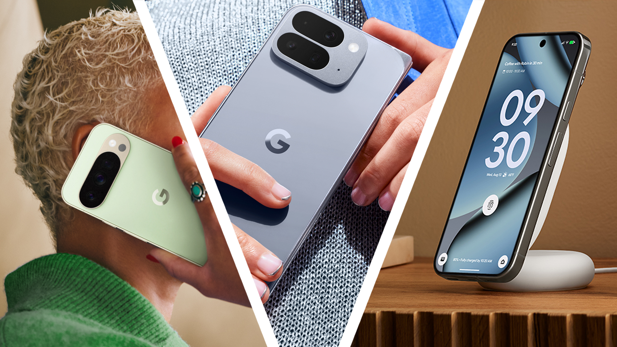 A woman holding a Pixel 10 Pro to her ear, next to ands holding a Google Pixel 10 phone, and another Pixel phone on a stand
