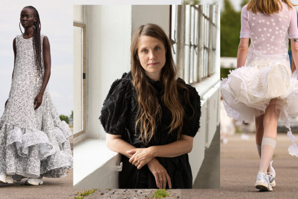 a collage of Cecilie Bahnsen in her studio with pieces from her new collection at Copenhagen Fashion Week