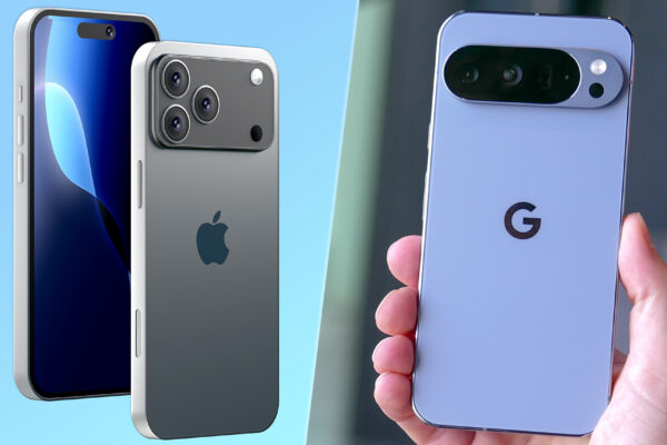 Rendered image of iPhone 17 Pro Max next to Pixel 10 Pro XL held in the hand.