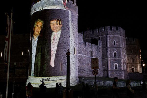 Trump, Jeffrey Epstein images projected on Windsor Castle