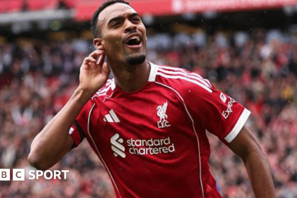 Liverpool midfielder Ryan Gravenberch celebrates scoring against Everton