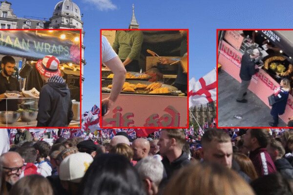 Irony! Anti-immigrant protesters at Tommy Robinson's 'Unite the Kingdom' rally feast on Indian onion bhajis -watch