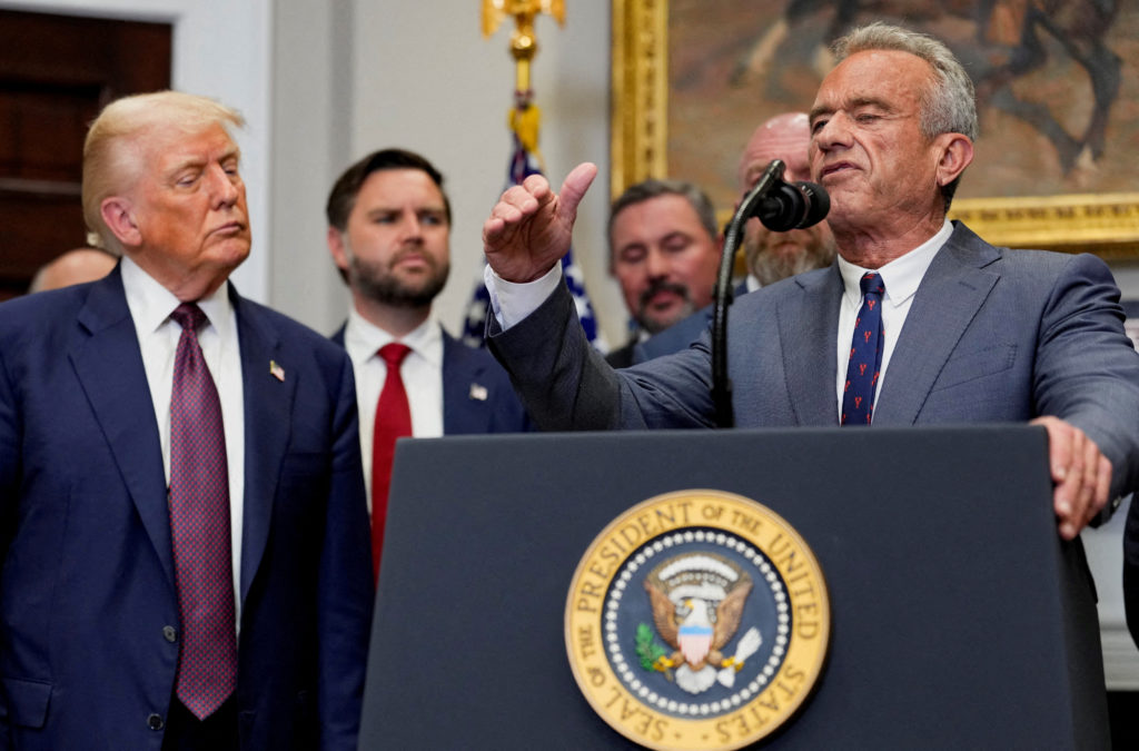 FILE PHOTO: U.S. Health and Human Services (HHS) Secretary Robert F. Kennedy Jr. delivers remarks at the White House in Wa...