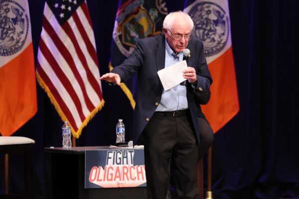 Sen. Bernie Sanders speaks during the Fighting Oligarchy town hall on September 6, 2025 in New York City. Zohran Mamdani joined Sanders at his New York town hall after marching with union members in Manhattan’s Labor Day parade.