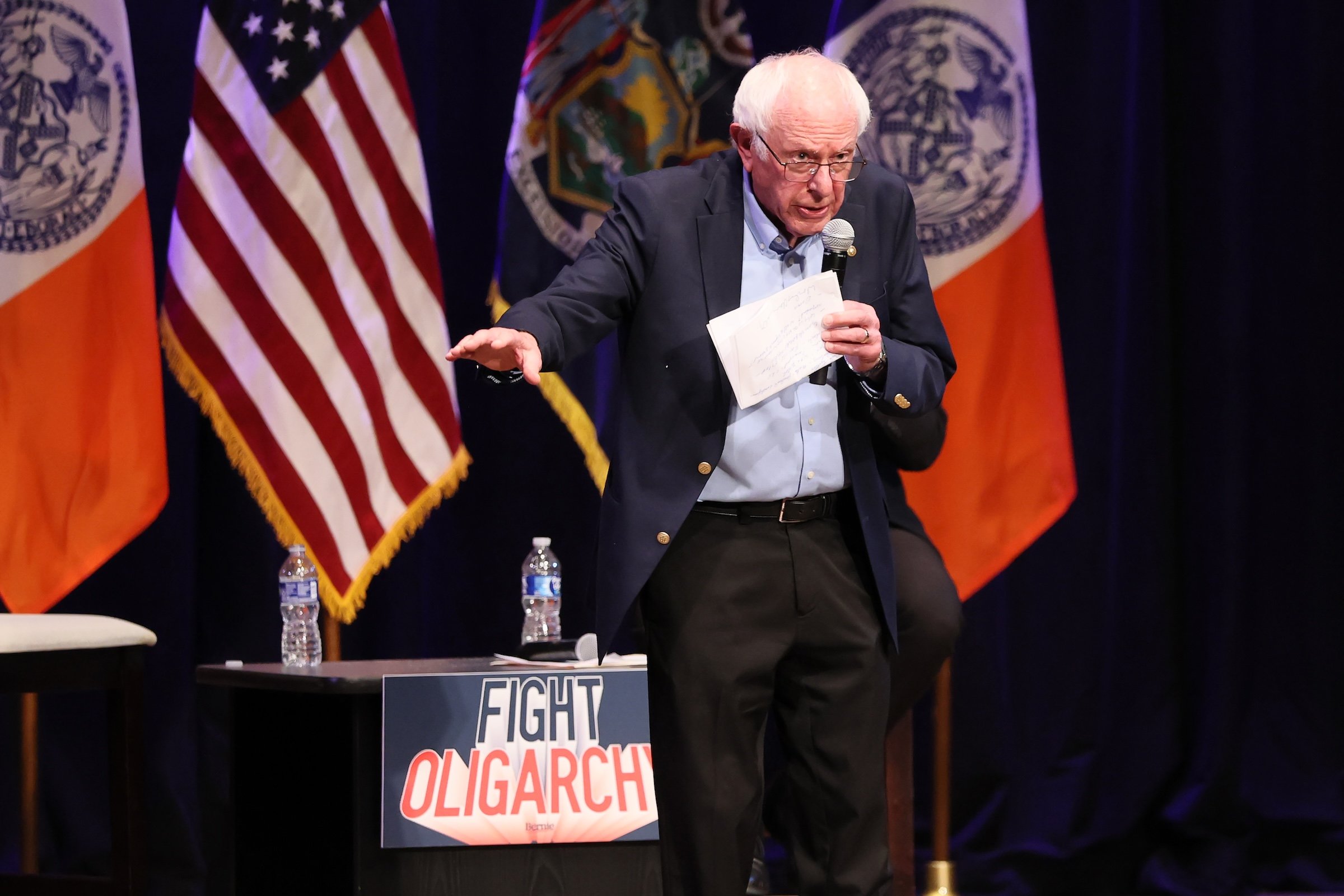 Sen. Bernie Sanders speaks during the Fighting Oligarchy town hall on September 6, 2025 in New York City. Zohran Mamdani joined Sanders at his New York town hall after marching with union members in Manhattan’s Labor Day parade.