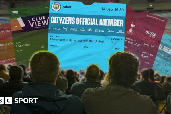 A group of fans are sitting in the stands at a football watch, in front of them are a number of large scale tickets for Manchester City, Everton, West Ham, and Arsenal