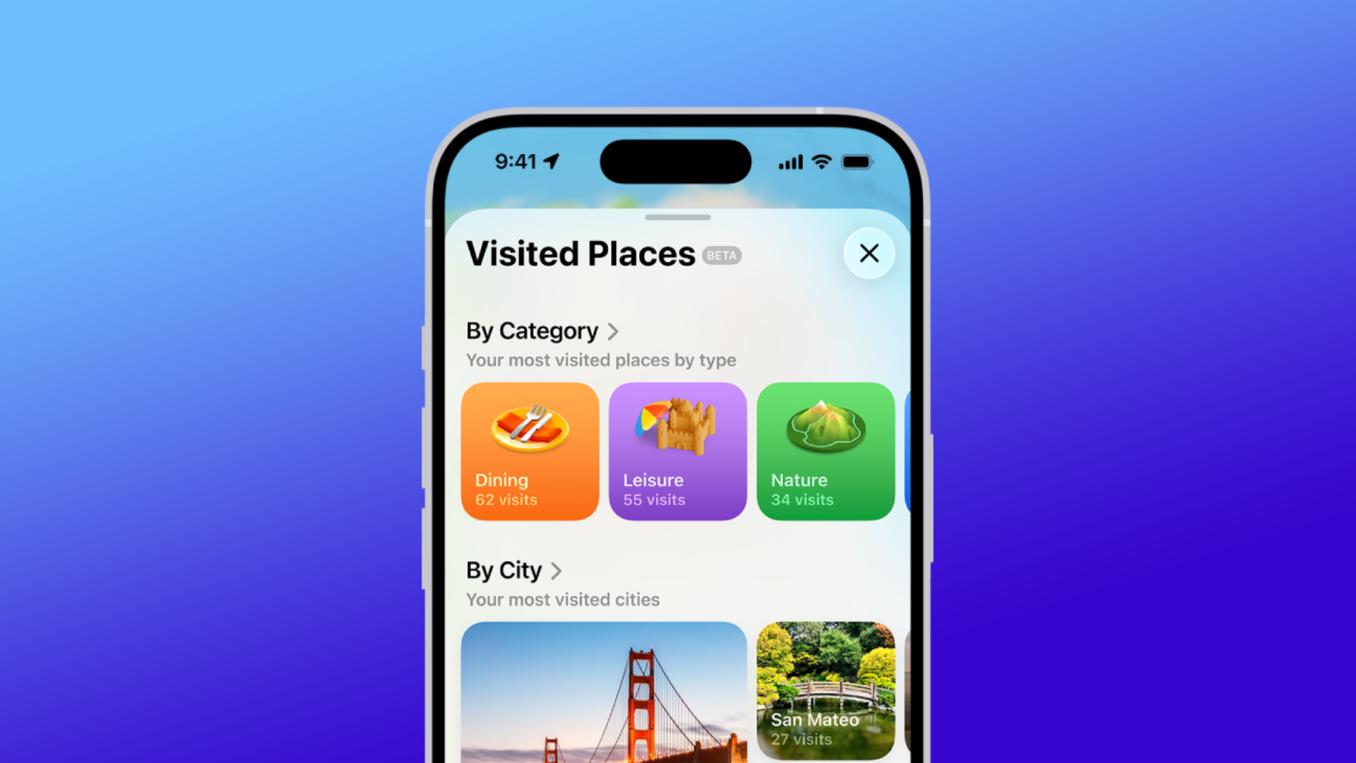 An iPhone screenshot displaying the Visited Places feature on Apple Maps