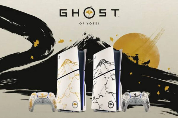 The Ghost of Yotei PS5 hardware on a key art background