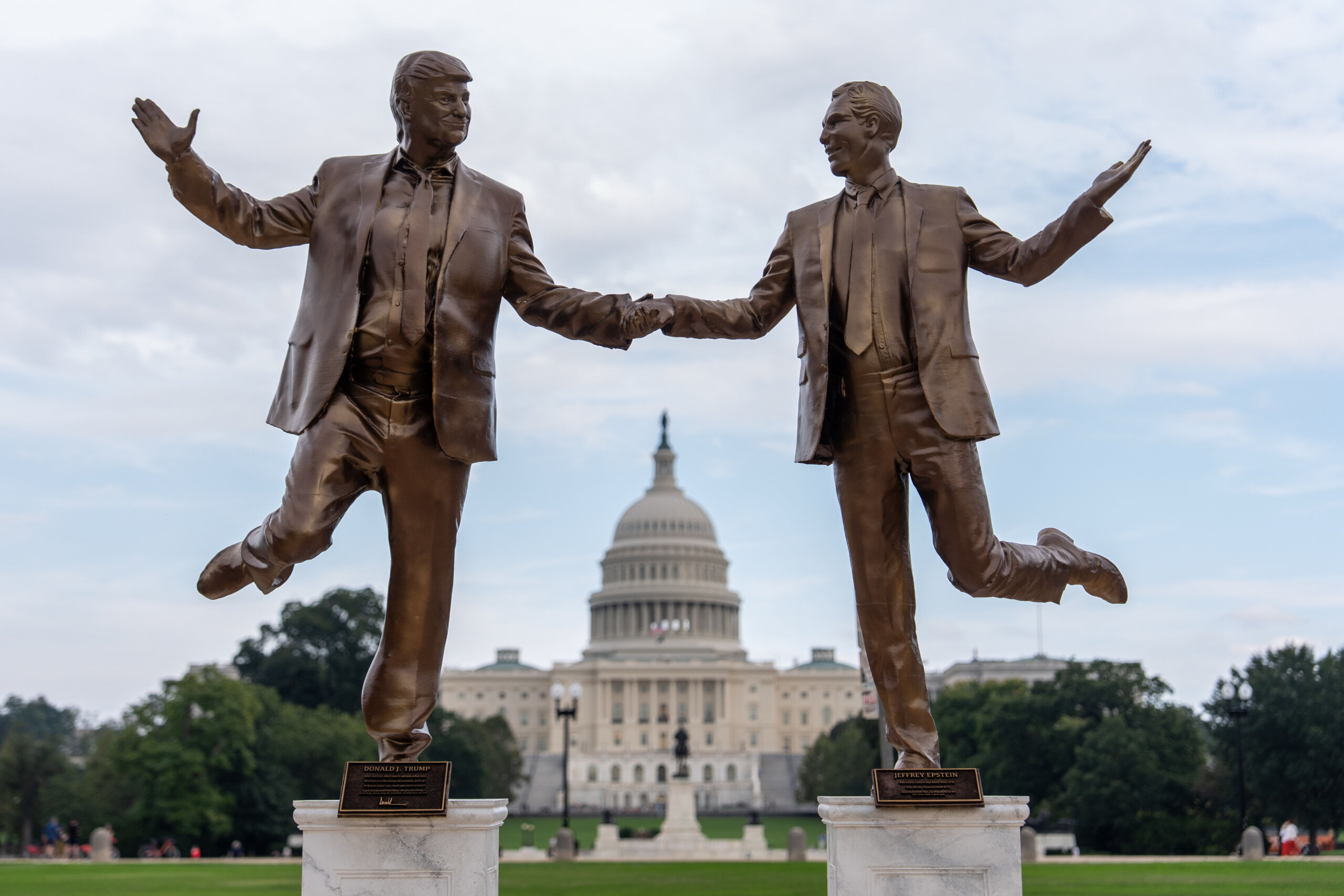 12-foot statue of Trump and Epstein installed near Capitol by anonymous art collective