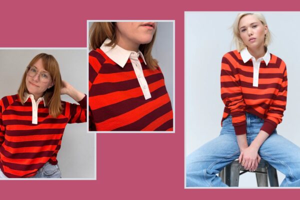 matilda and a model wearing the next striped rugby shirt