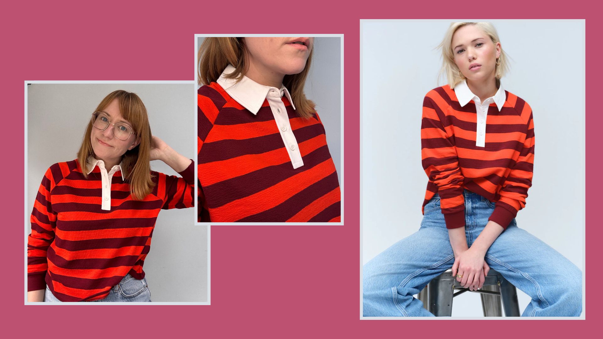 matilda and a model wearing the next striped rugby shirt