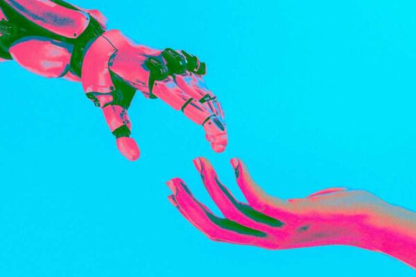 Artificial intelligence AI robot hand reaching for human hand