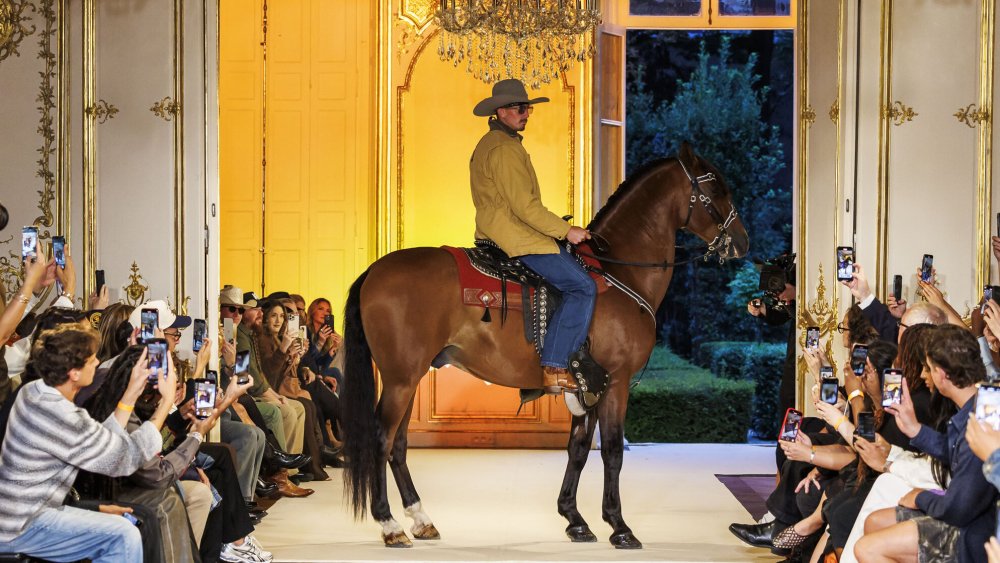 A horse on the runway at Post Malone's fashion show in Paris on Monday in Paris.