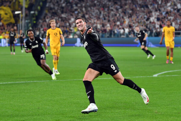 TURIN, ITALY - SEPTEMBER 16: Dusan Vlahovic of Juventus celebrates scoring his team