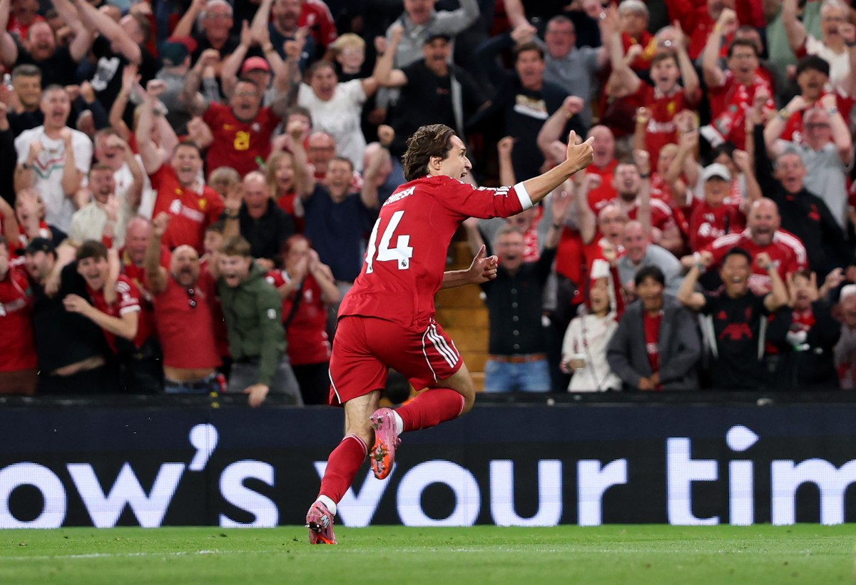 LIVERPOOL, ENGLAND - AUGUST 15: Italy international Federico Chiesa (of Liverpool) celebrates scoring his team
