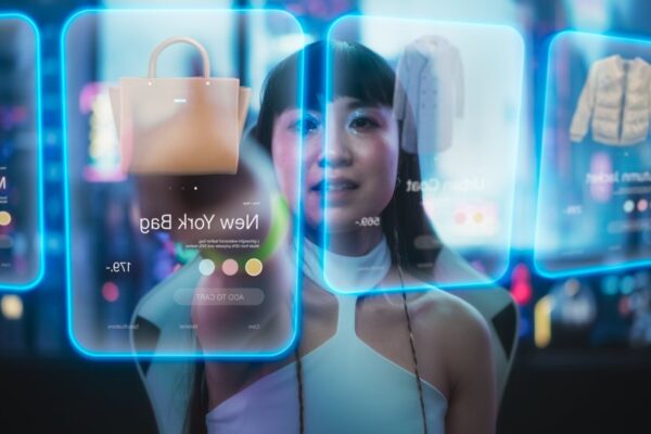 Fashion Retail’s $6B AI Savings Potential: Impact & Opportunities Stylish woman looking at digital screen at fashion goods.