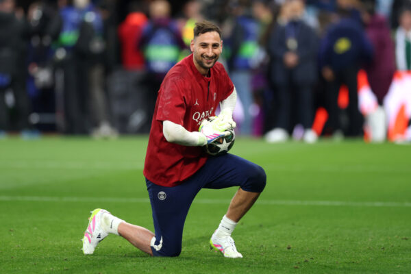 BIRMINGHAM, ENGLAND - APRIL 15: Gianluigi Donnarumma of Paris Saint-Germain reacts during the warm up prior to the UEFA Champions League 2024/25 Quarter Final Second Leg match between Aston Villa FC and Paris Saint-Germain at Villa Park on April 15, 2025 in Birmingham, England. (Photo by Carl Recine/Getty Images)